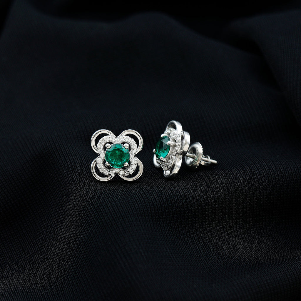 Lab Created Emerald Flower Stud Earrings with Screw Backs
