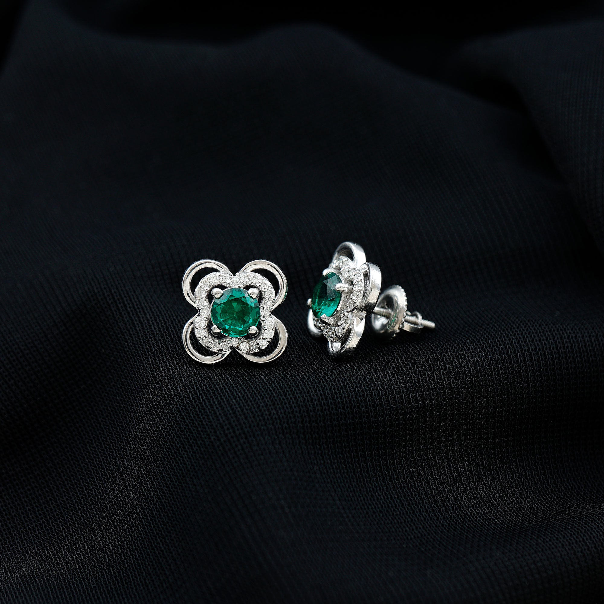 Lab Created Emerald Flower Stud Earrings with Screw Backs