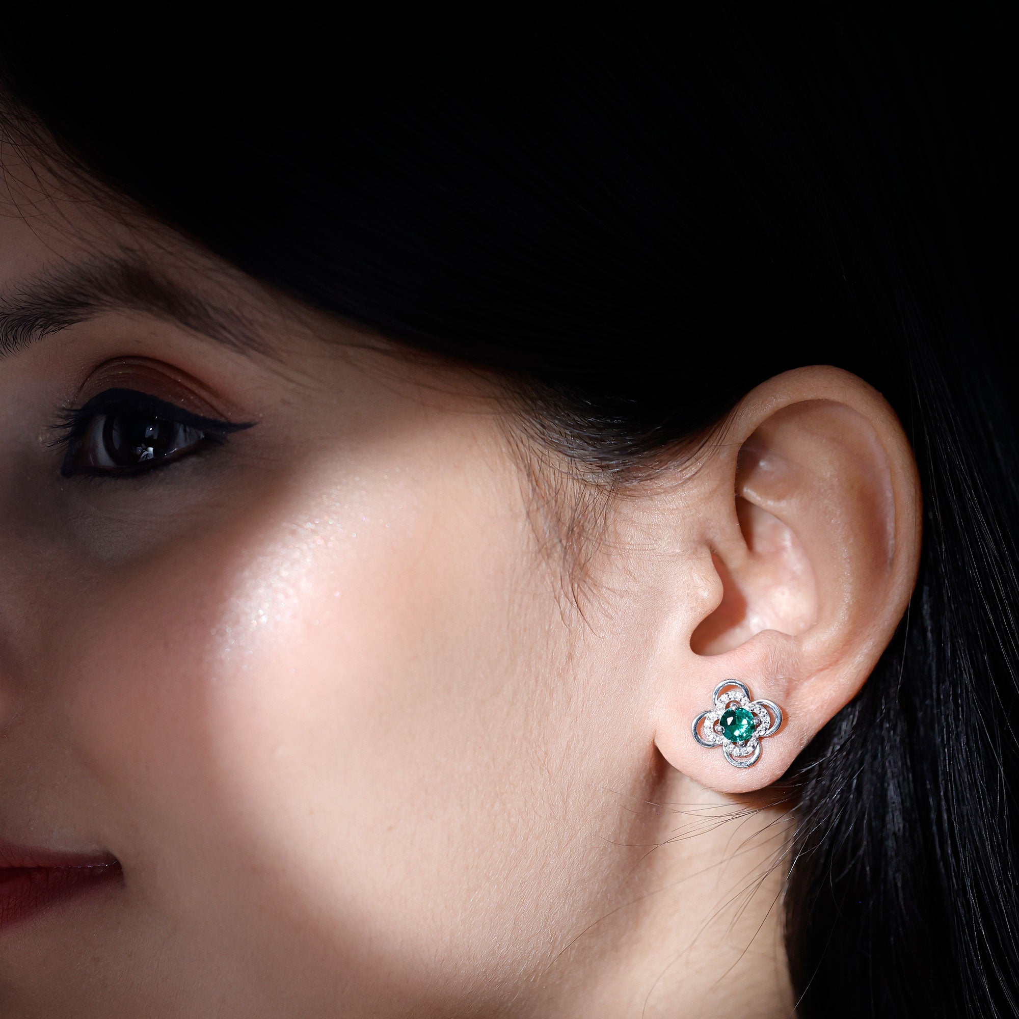 Lab Created Emerald Flower Stud Earrings with Screw Backs