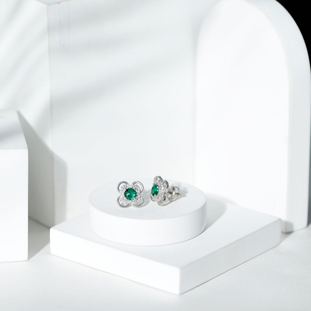Lab Created Emerald Flower Stud Earrings with Screw Backs