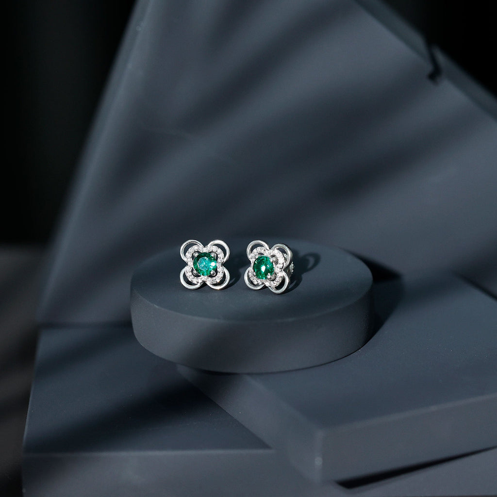 Lab Created Emerald Flower Stud Earrings with Screw Backs