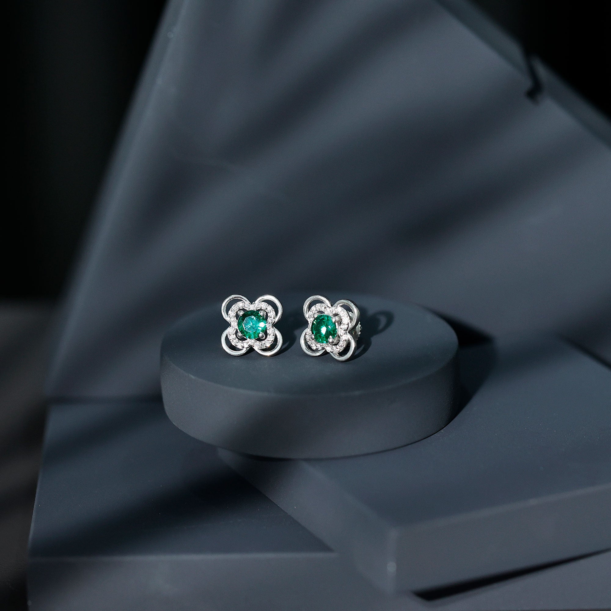 Lab Created Emerald Flower Stud Earrings with Screw Backs
