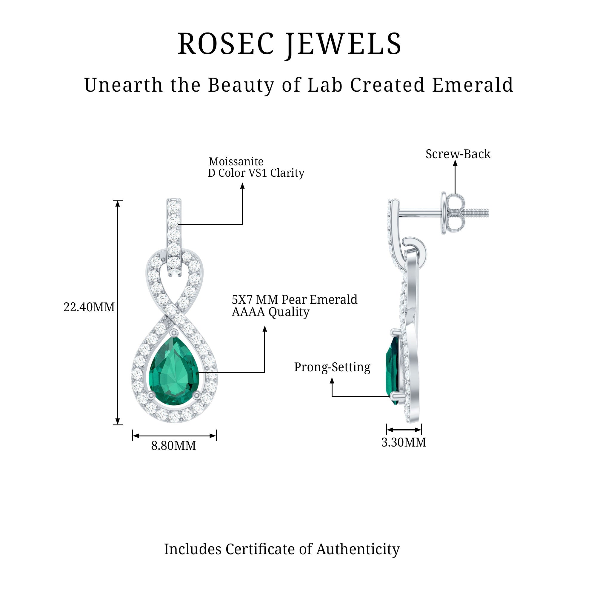 Lab Created Emerald Infinity Drop Earrings with Moissanite