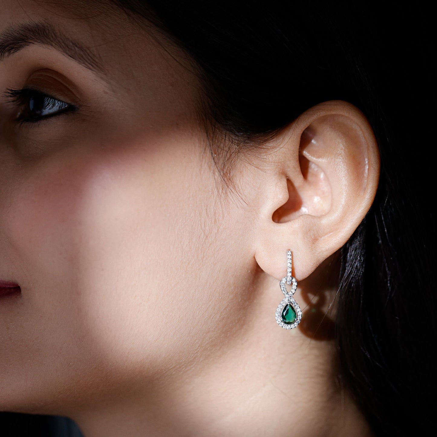 Lab Created Emerald Infinity Drop Earrings with Moissanite