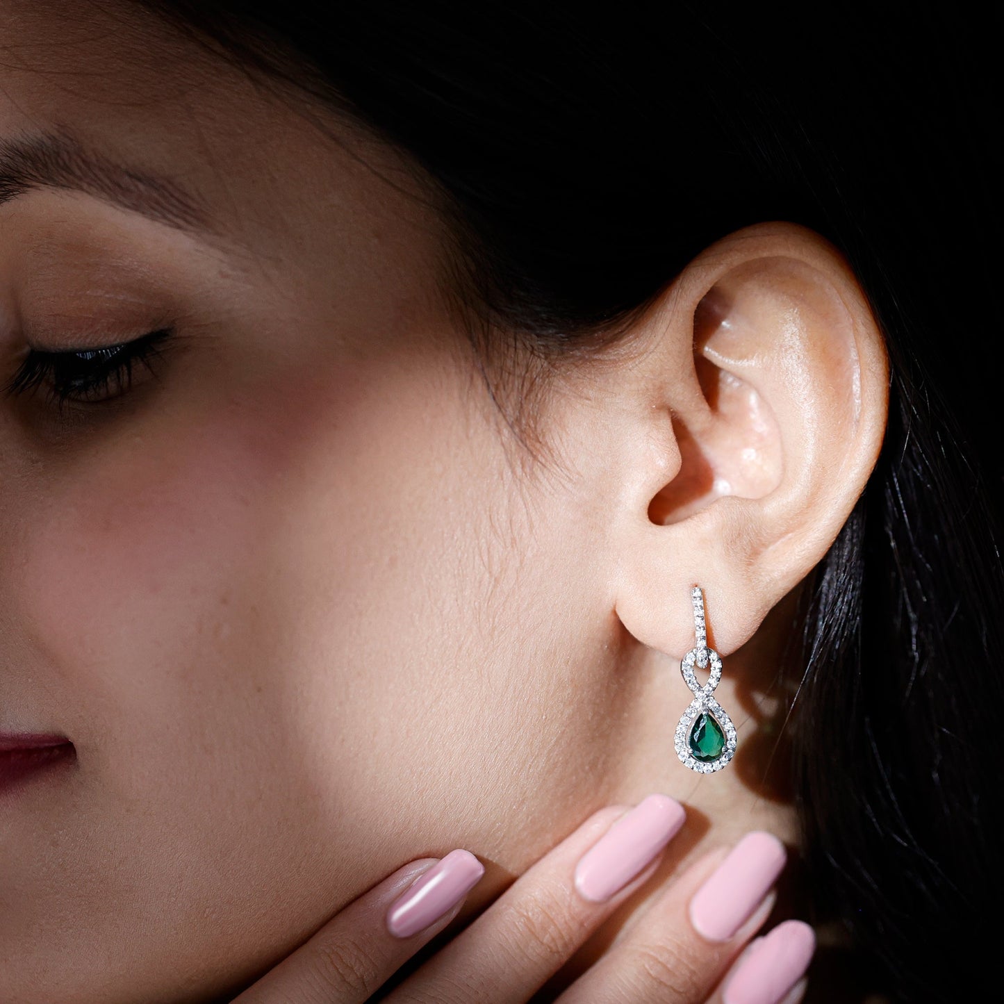 Lab Created Emerald Infinity Drop Earrings with Moissanite