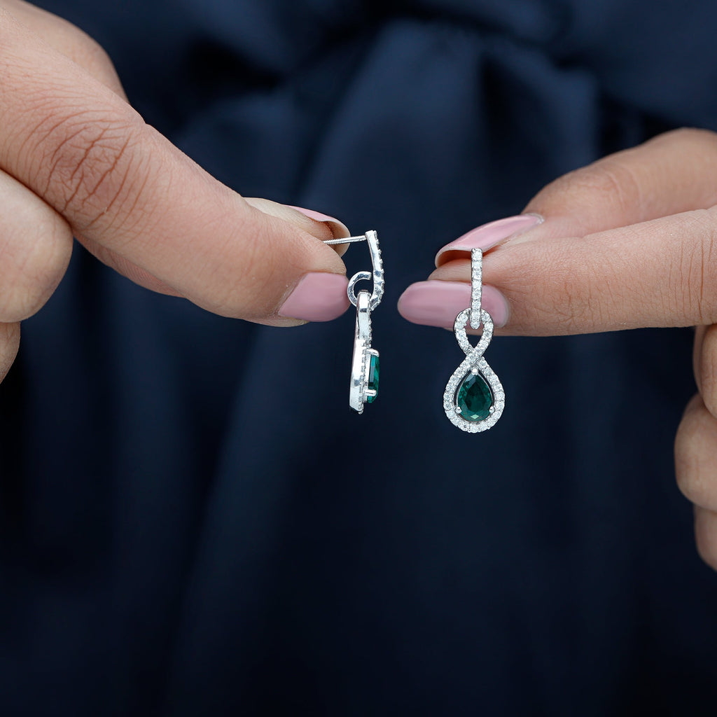 Lab Created Emerald Infinity Drop Earrings with Moissanite
