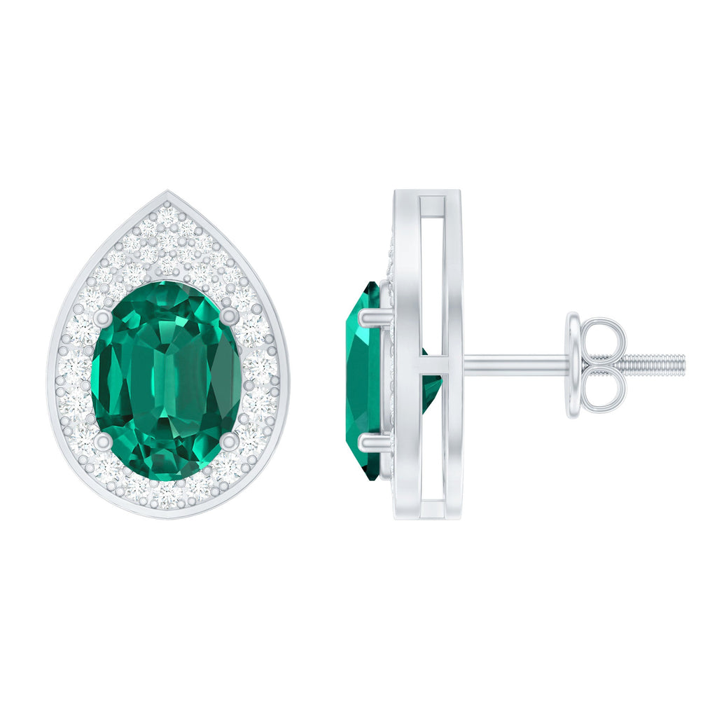 Lab Created 6X8 MM Emerald Teardrop Stud Earrings with Moissanite Halo