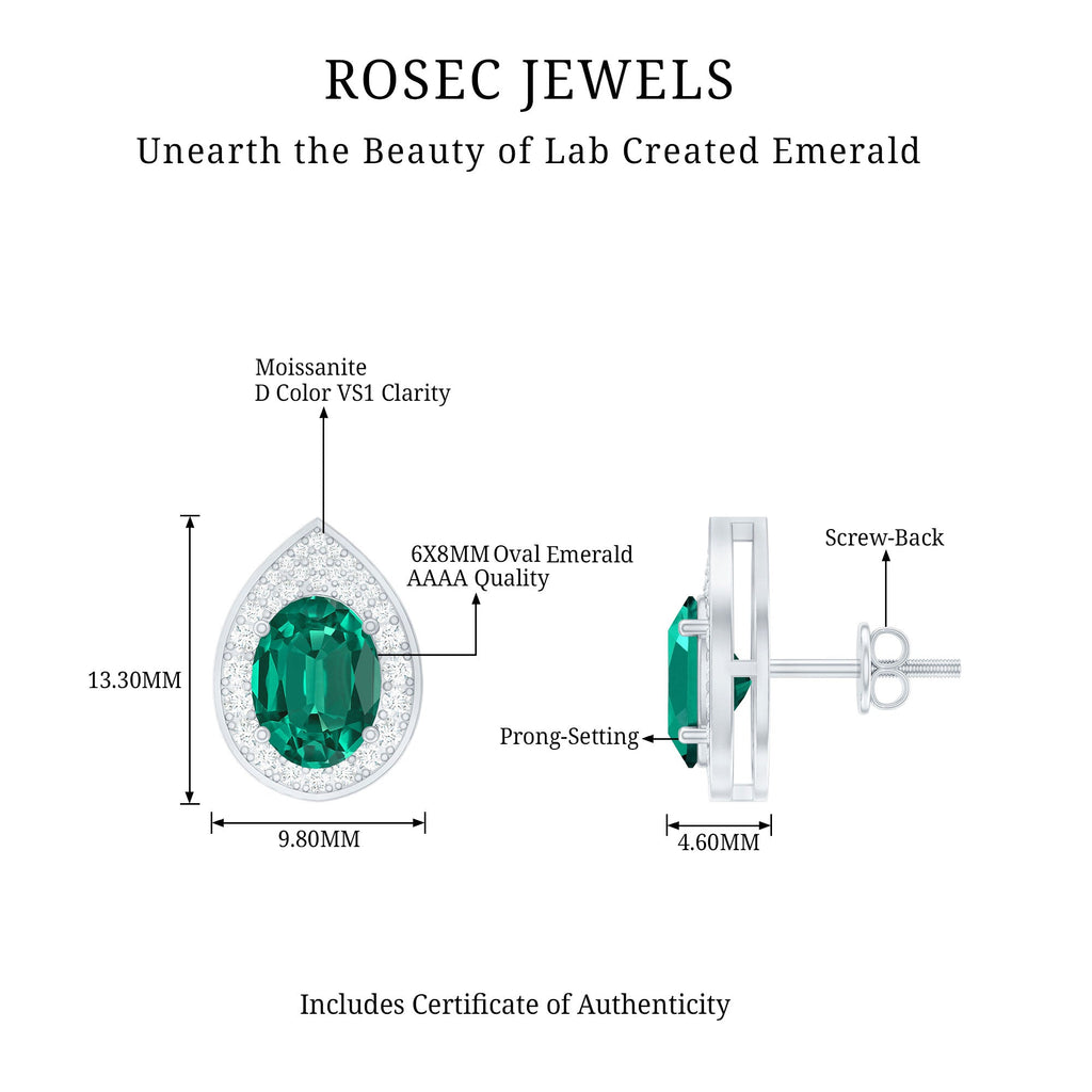 Lab Created 6X8 MM Emerald Teardrop Stud Earrings with Moissanite Halo