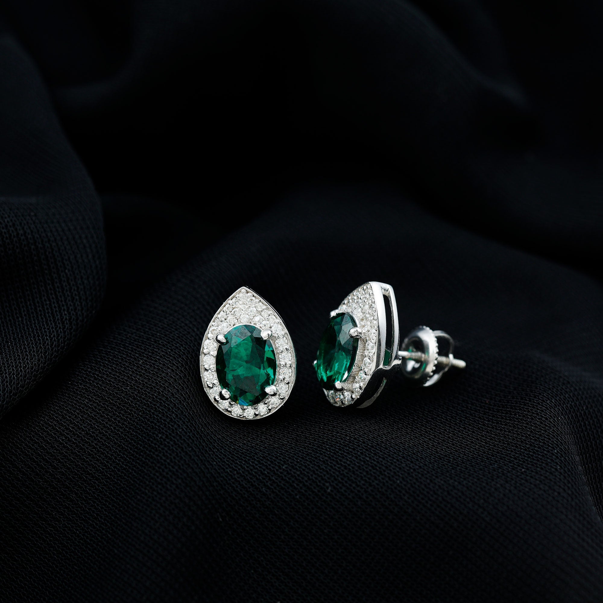 Lab Created 6X8 MM Emerald Teardrop Stud Earrings with Moissanite Halo