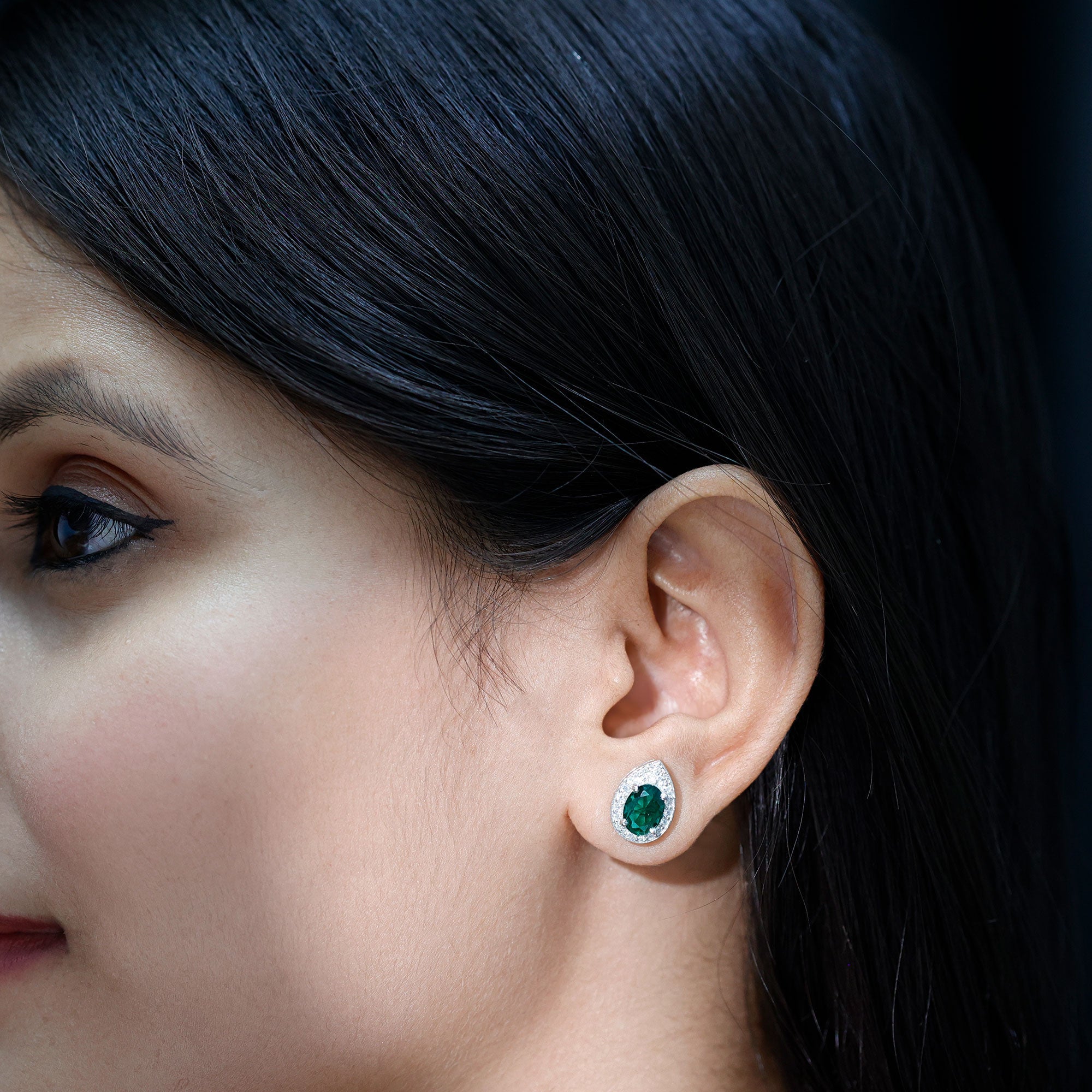 Lab Created 6X8 MM Emerald Teardrop Stud Earrings with Moissanite Halo