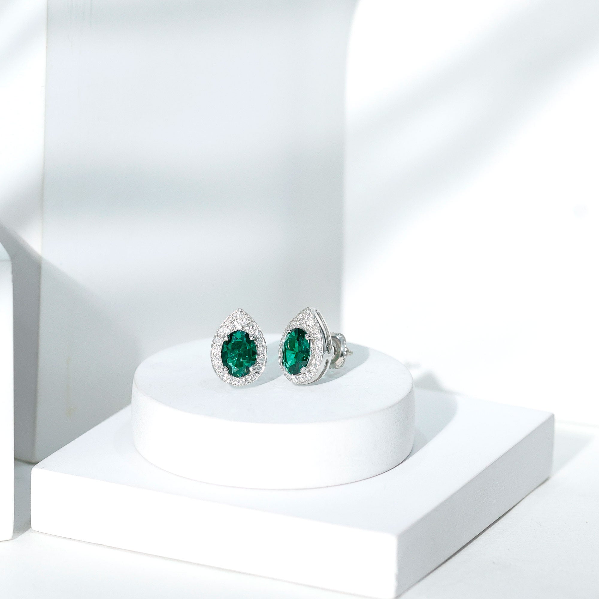 Lab Created 6X8 MM Emerald Teardrop Stud Earrings with Moissanite Halo
