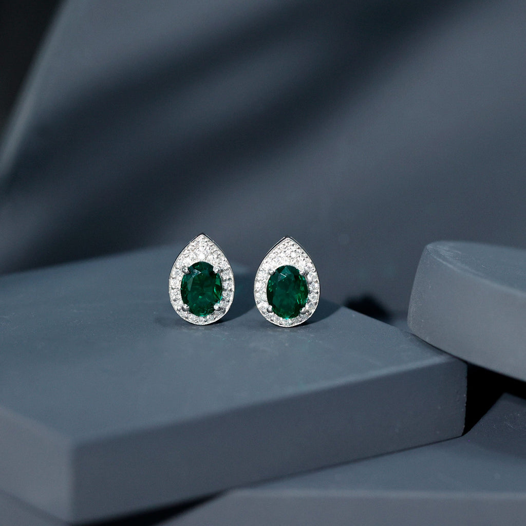 Lab Created 6X8 MM Emerald Teardrop Stud Earrings with Moissanite Halo