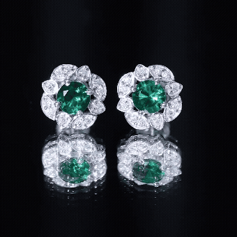 Vintage Style Lab Emerald Flower Stud Earrings in Silver