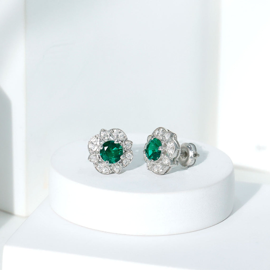 Vintage Style Lab Emerald Flower Stud Earrings in Silver