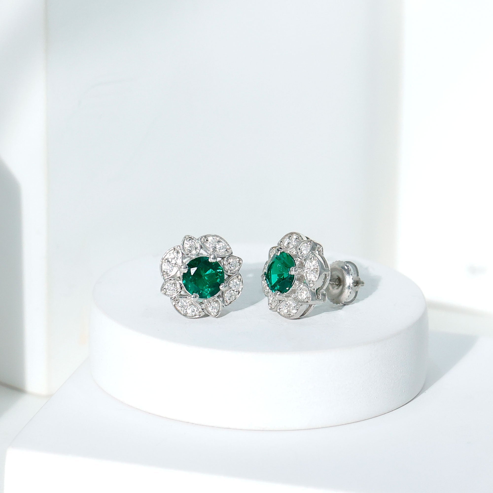 Vintage Style Lab Emerald Flower Stud Earrings in Silver