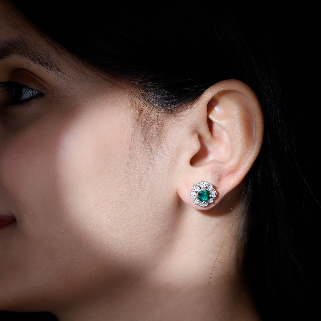 Vintage Style Lab Emerald Flower Stud Earrings in Silver