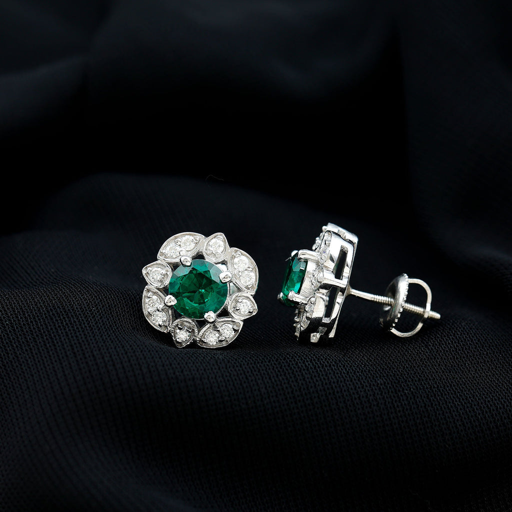 Vintage Style Lab Emerald Flower Stud Earrings in Silver