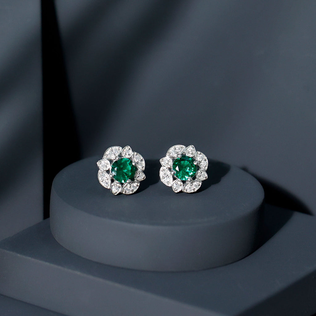 Vintage Style Lab Emerald Flower Stud Earrings in Silver