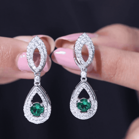Silver Lab Grown Emerald Teardrop Earrings for Women