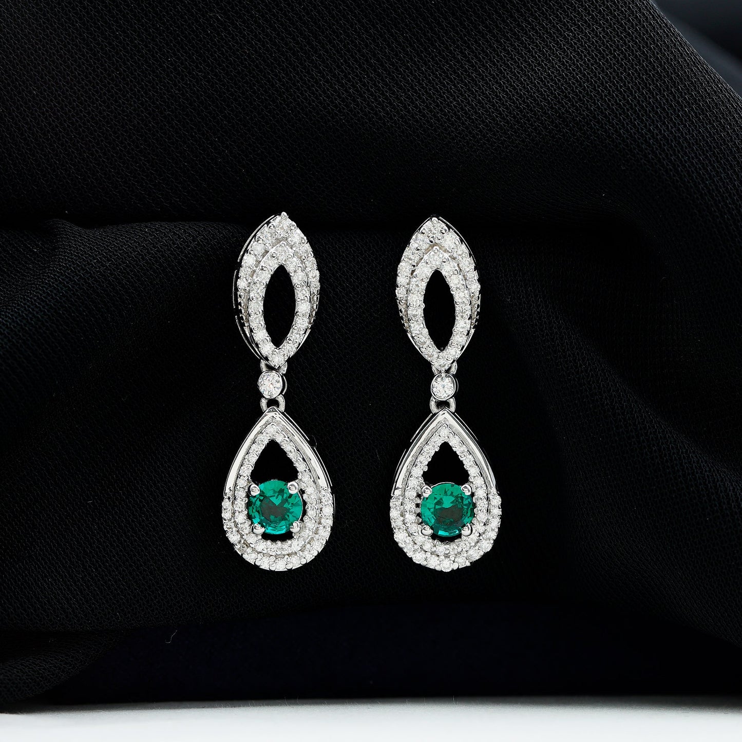 Silver Lab Grown Emerald Teardrop Earrings for Women