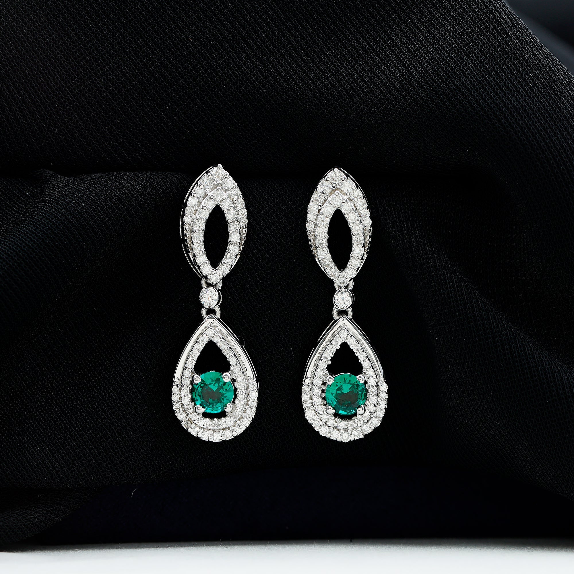 Silver Lab Grown Emerald Teardrop Earrings for Women