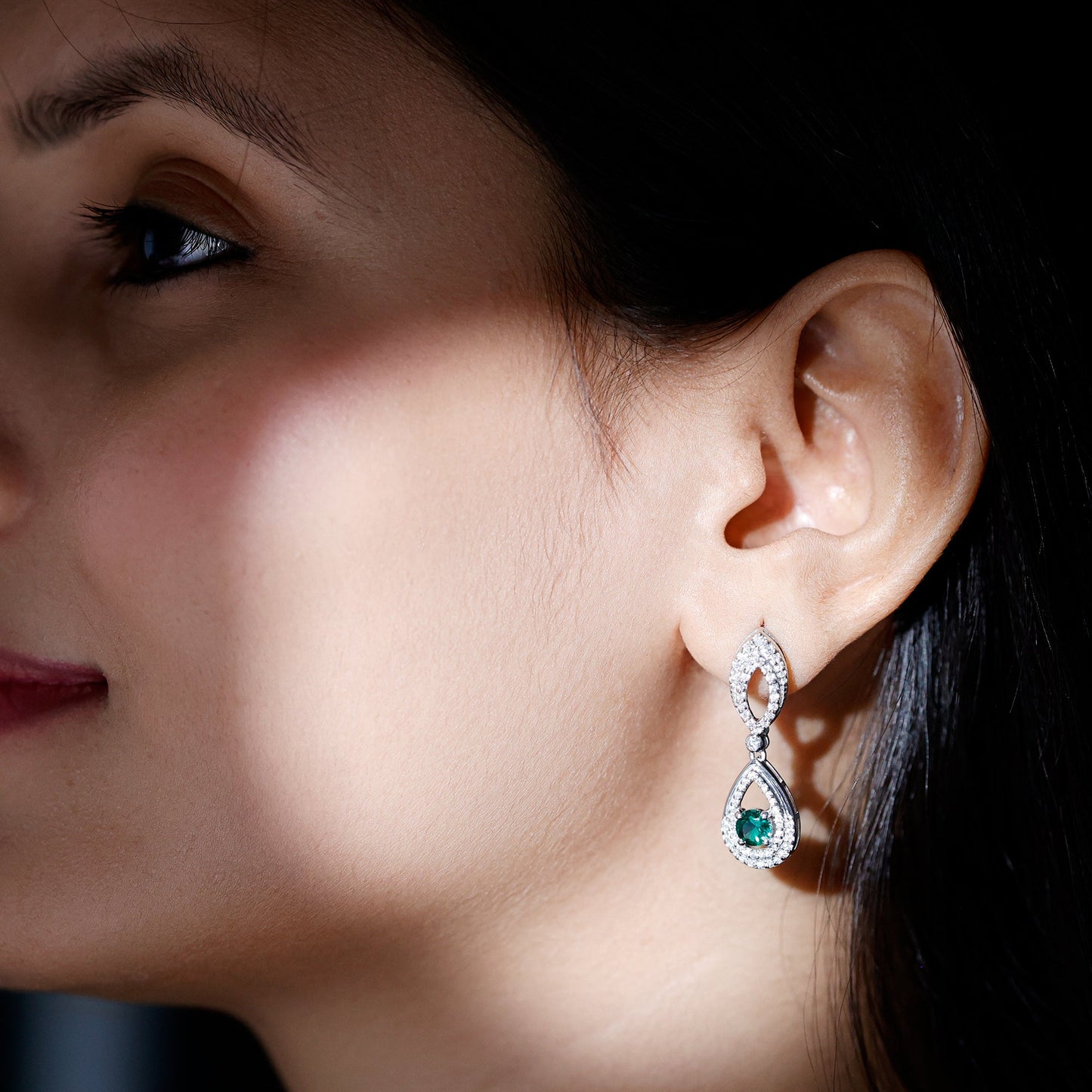 Silver Lab Grown Emerald Teardrop Earrings for Women
