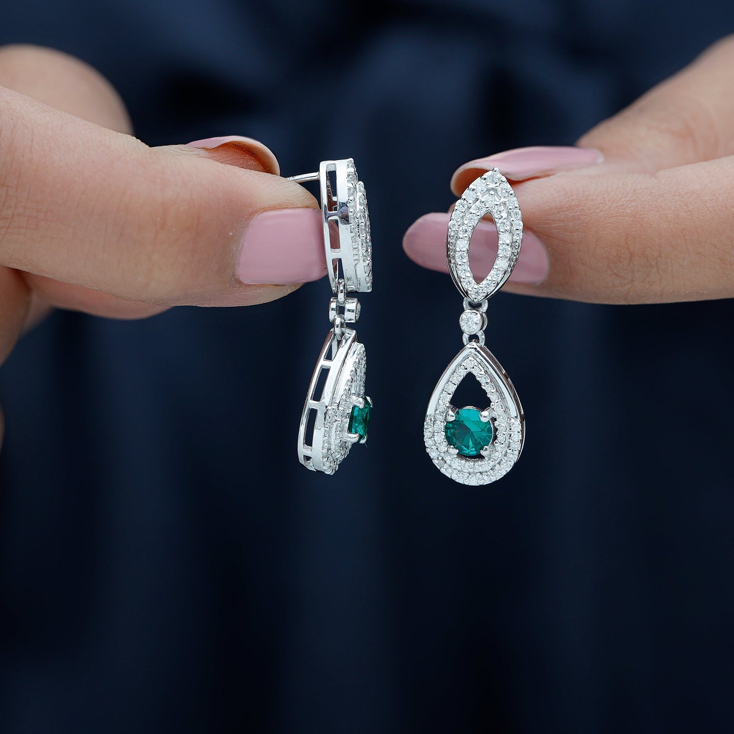 Silver Lab Grown Emerald Teardrop Earrings for Women