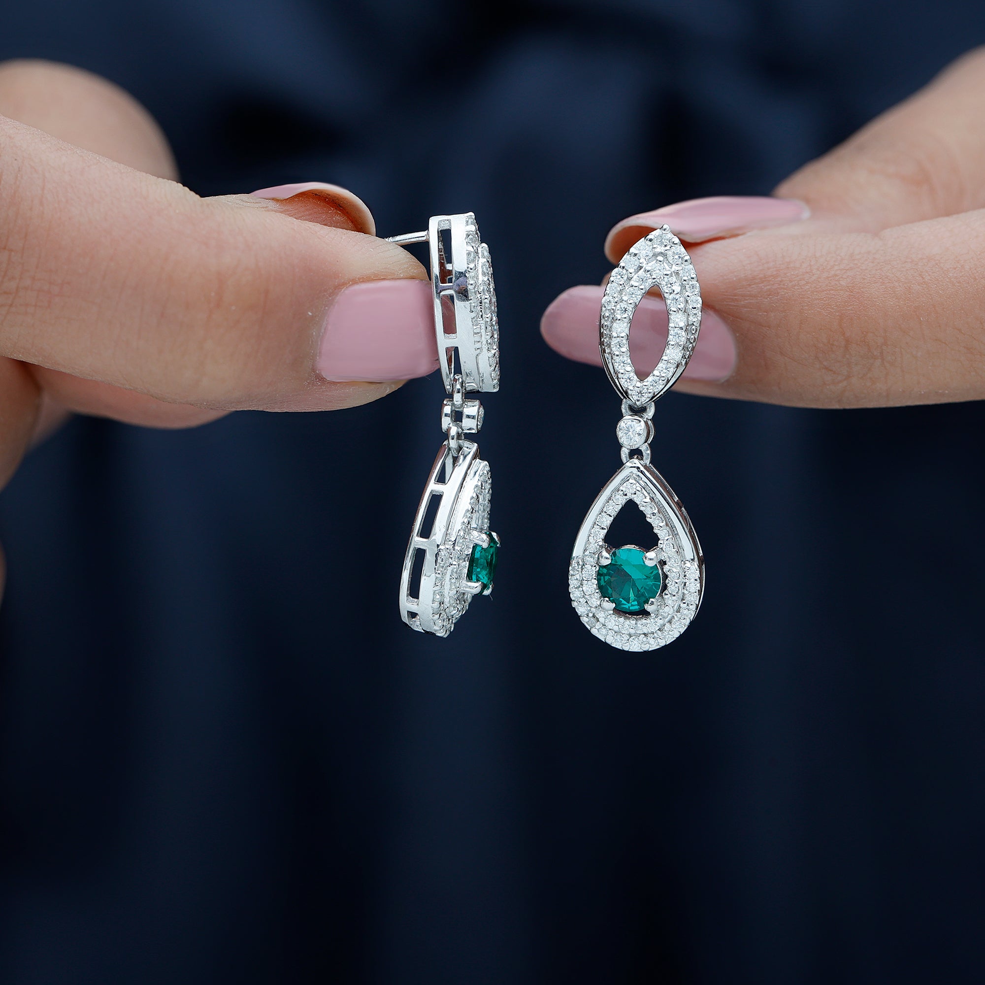 Silver Lab Grown Emerald Teardrop Earrings for Women