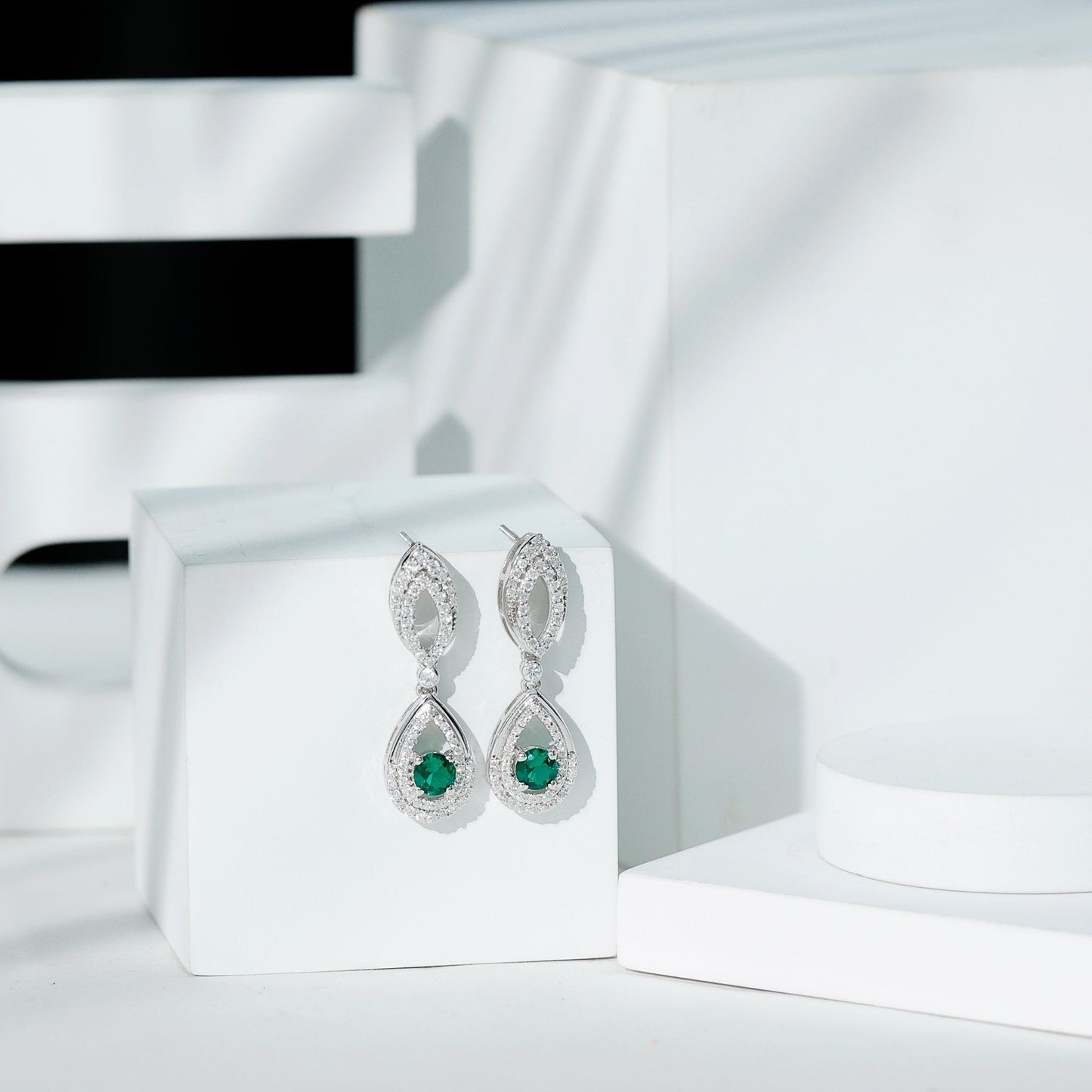 Silver Lab Grown Emerald Teardrop Earrings for Women