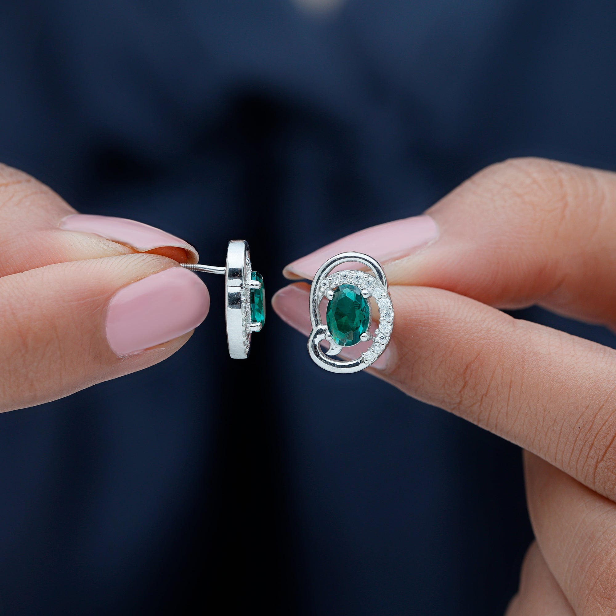 Oval Shaped 5X7 MM Lab Grown Emerald Designer Stud Earrings