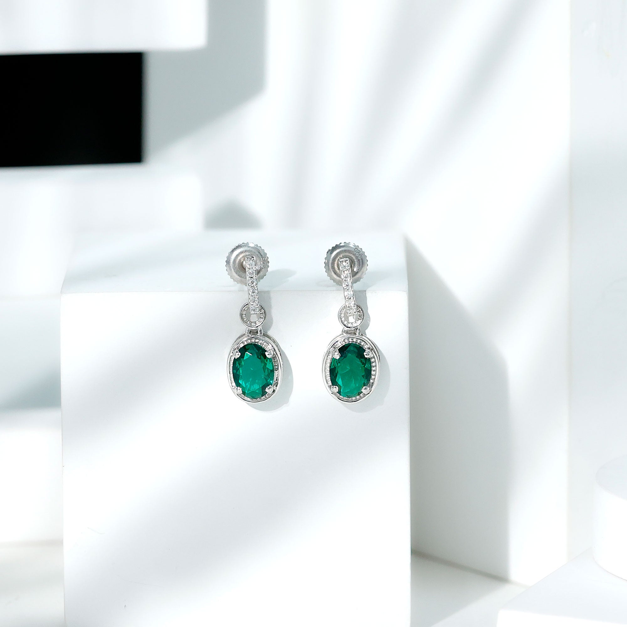 Vintage Inspired 6X8 MM Oval Lab Emerald Drop Earrings for Wedding
