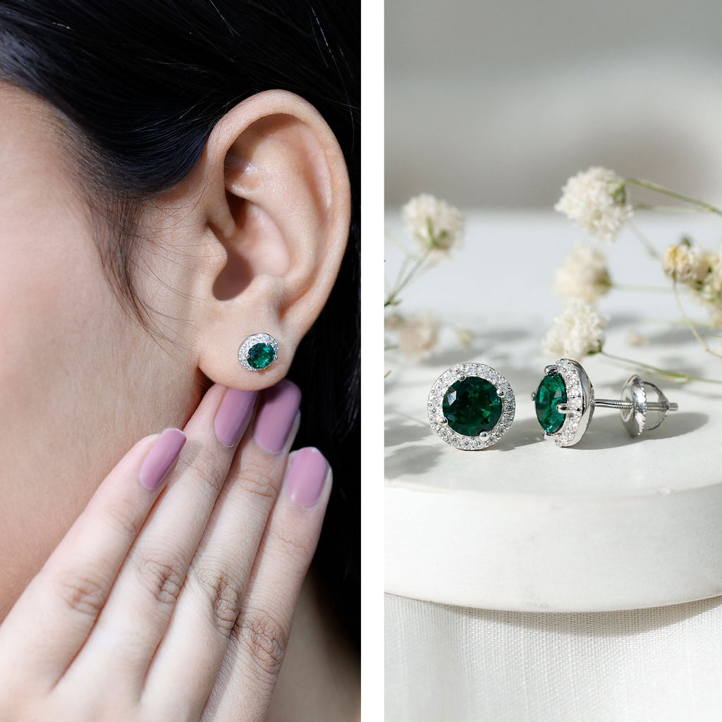 Lab Created 6MM Emerald and Moissanite Halo Stud Earrings