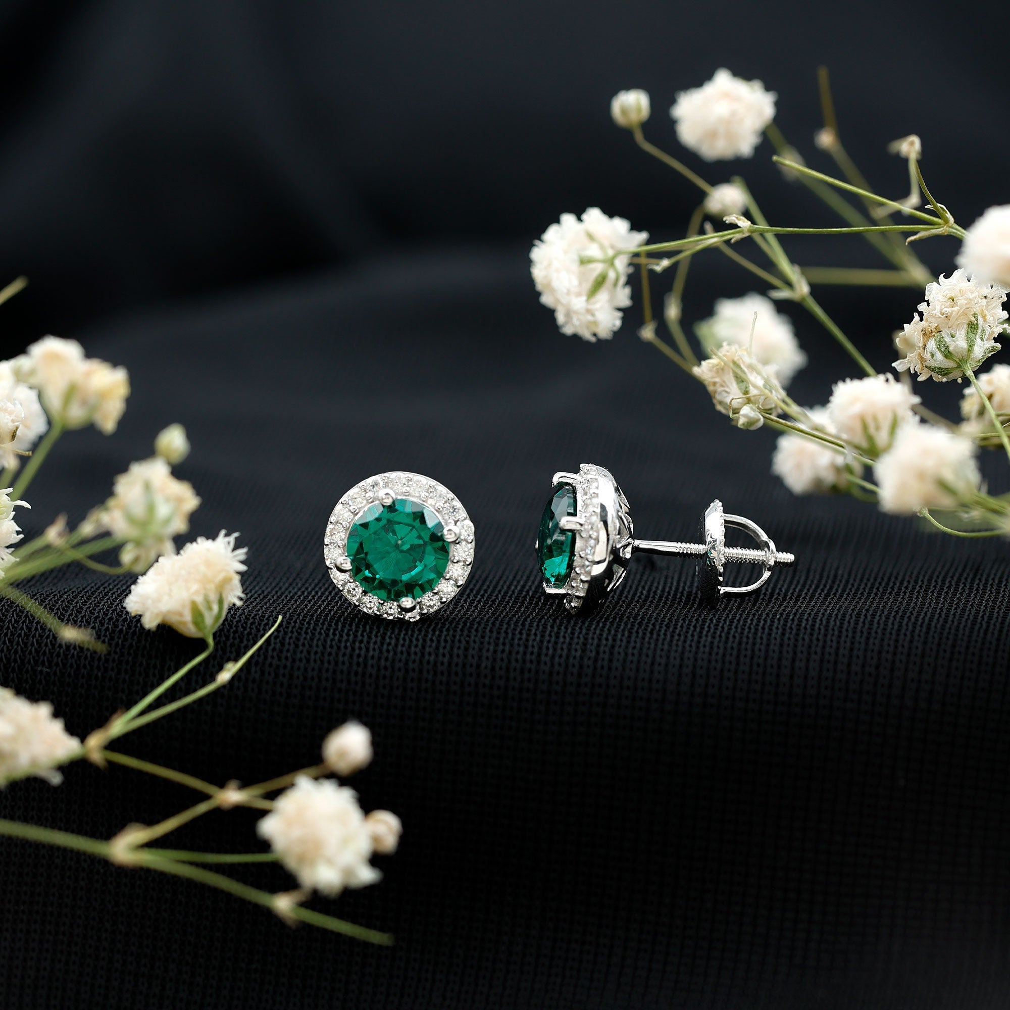 Lab Created 6MM Emerald and Moissanite Halo Stud Earrings