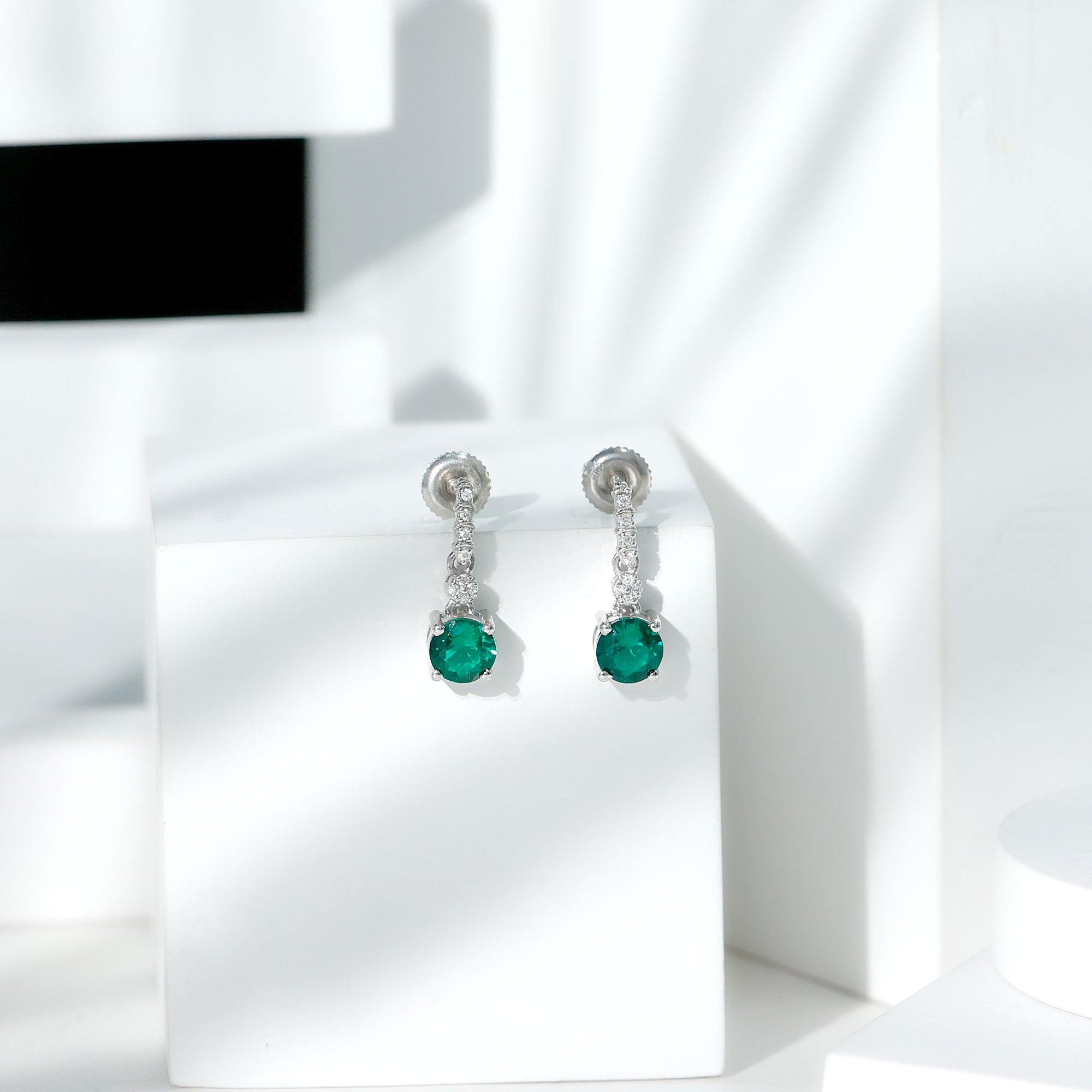 Lab Created Emerald Wedding Drop Earrings with Moissanite
