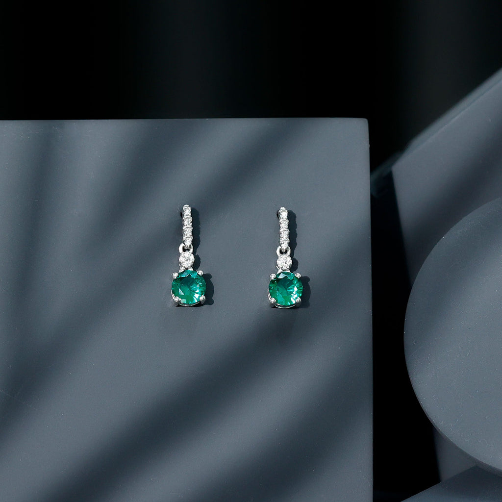 Lab Created Emerald Wedding Drop Earrings with Moissanite