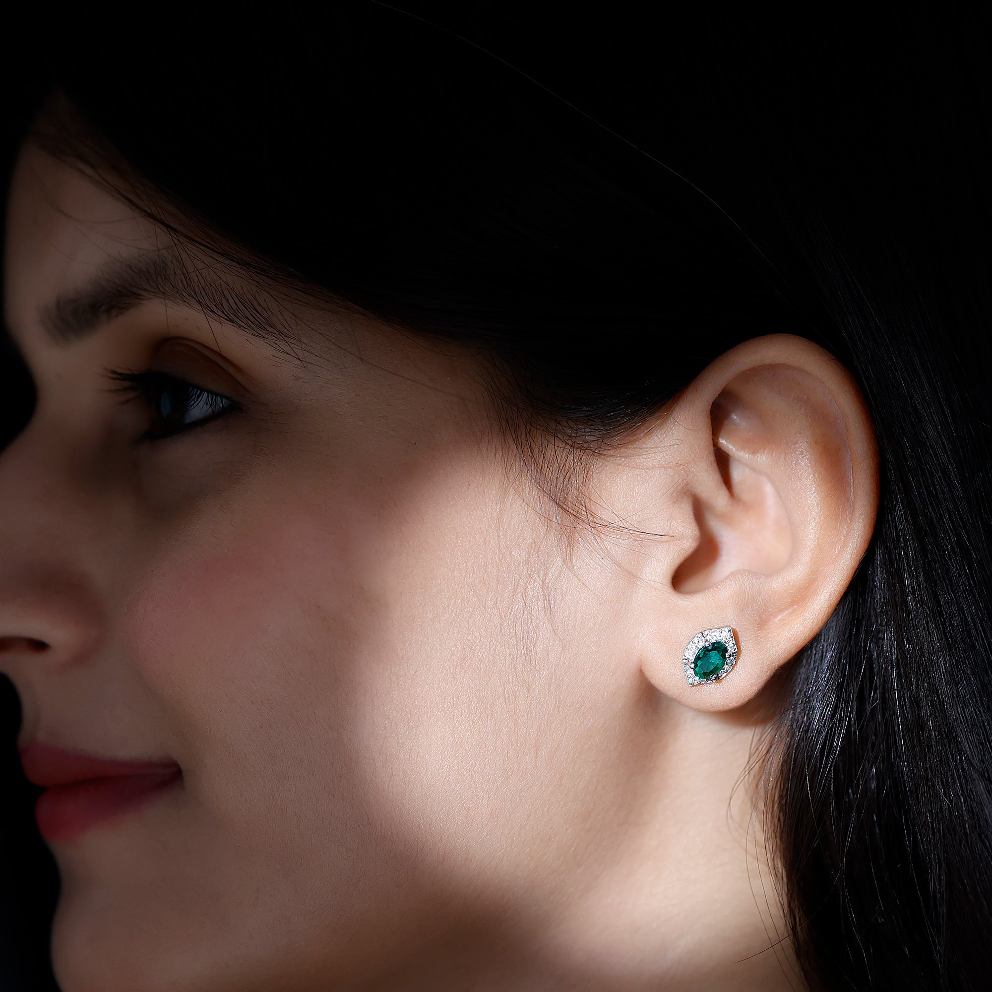 Lab Grown Emerald Statement Stud Earrings Sterling Silver