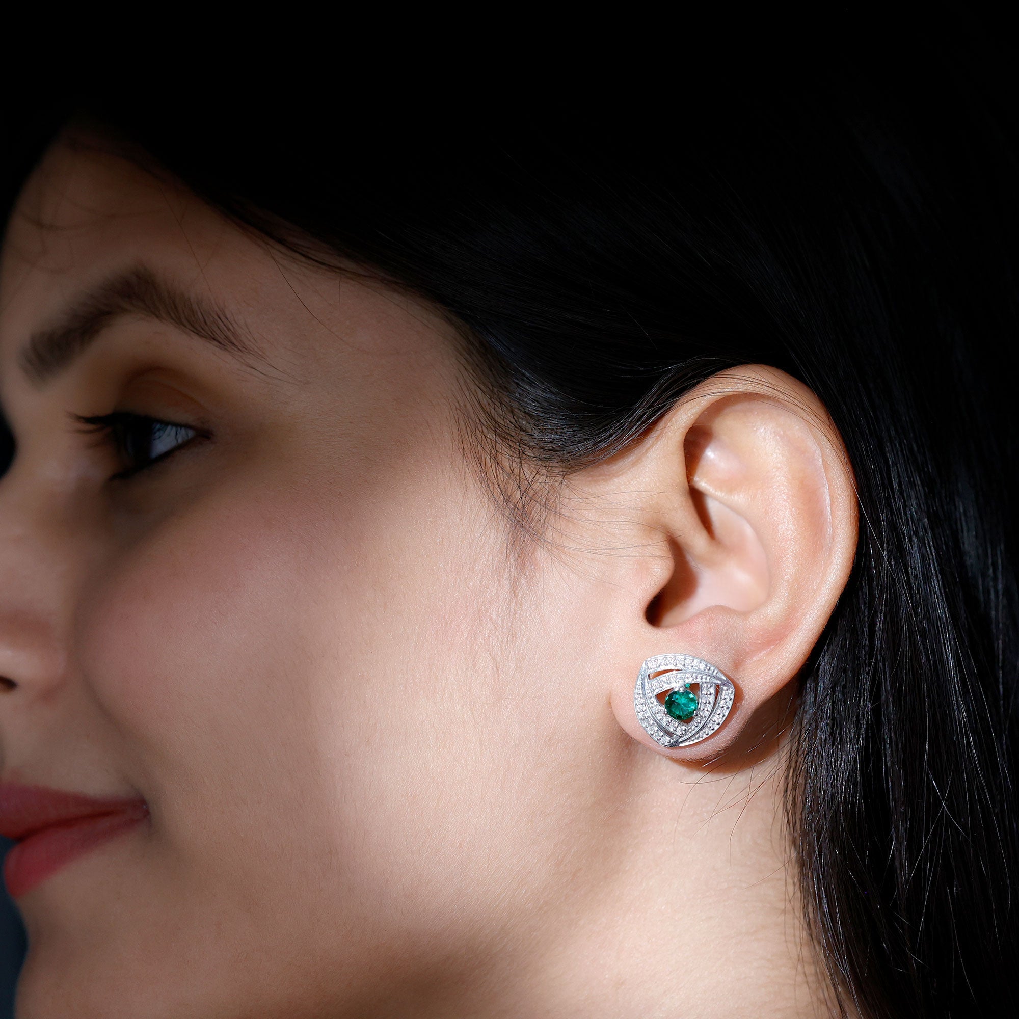 Lab Created Emerald Triangle Stud Earrings in Silver
