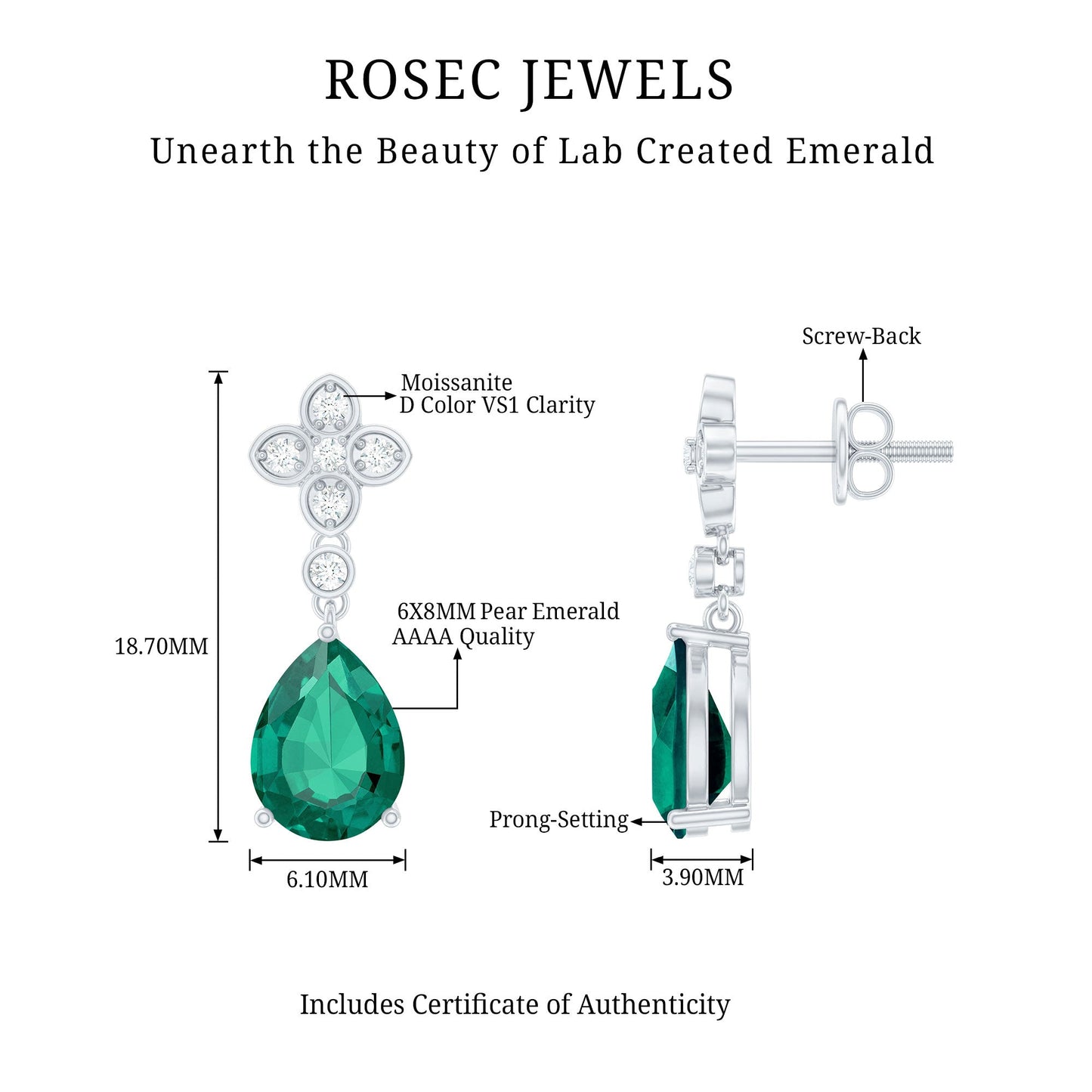Silver Lab Grown Emerald Bridal Drop Earrings for Her