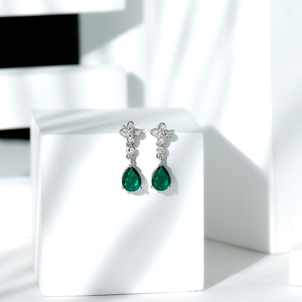 Silver Lab Grown Emerald Bridal Drop Earrings for Her
