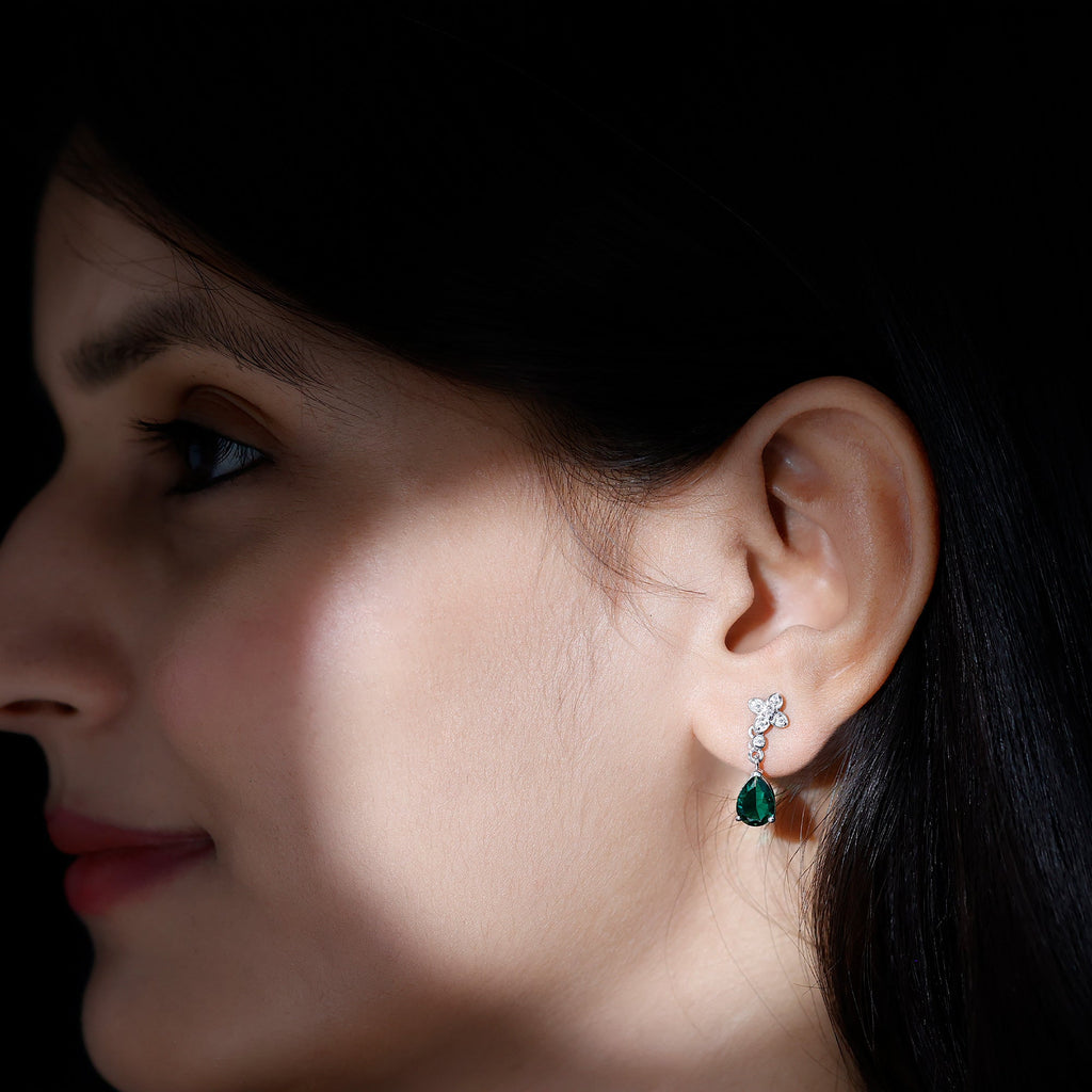 Silver Lab Grown Emerald Bridal Drop Earrings for Her