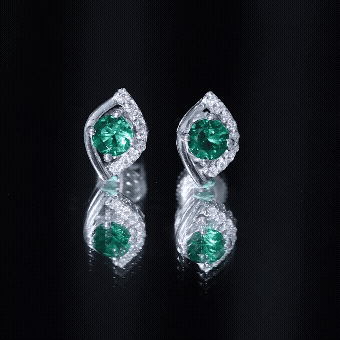 Lab Created Emerald Designer Stud Earrings with Moissanite