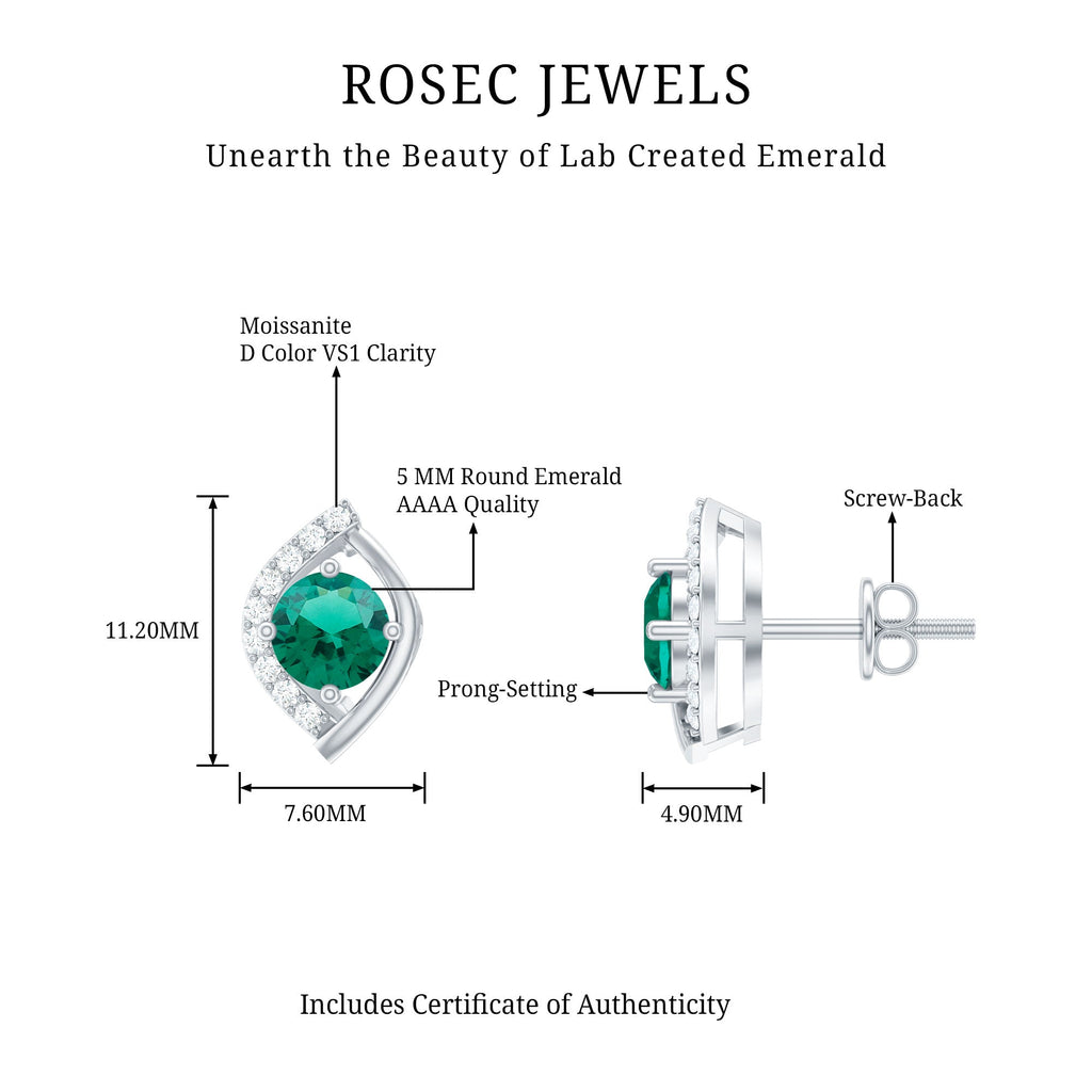 Lab Created Emerald Designer Stud Earrings with Moissanite