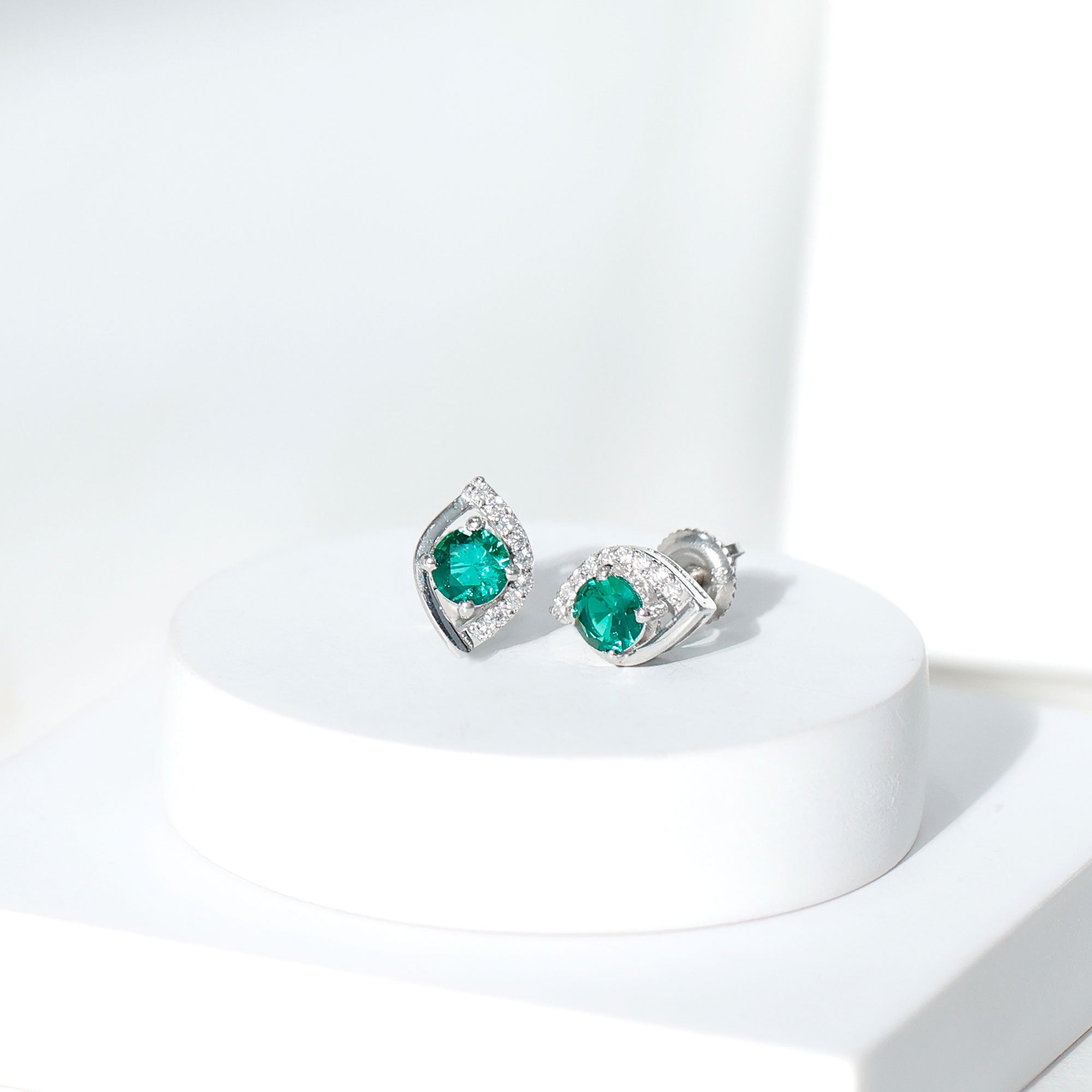 Lab Created Emerald Designer Stud Earrings with Moissanite