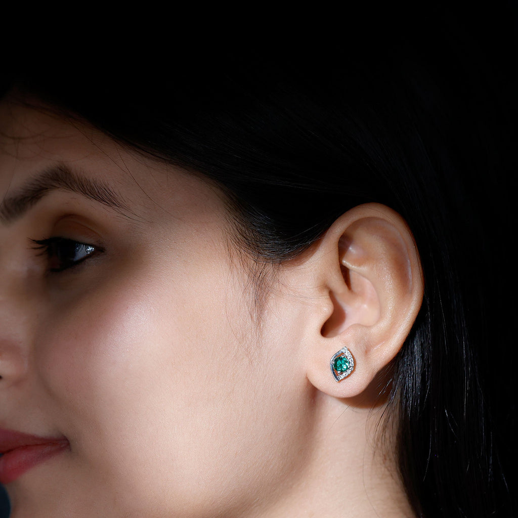 Lab Created Emerald Designer Stud Earrings with Moissanite
