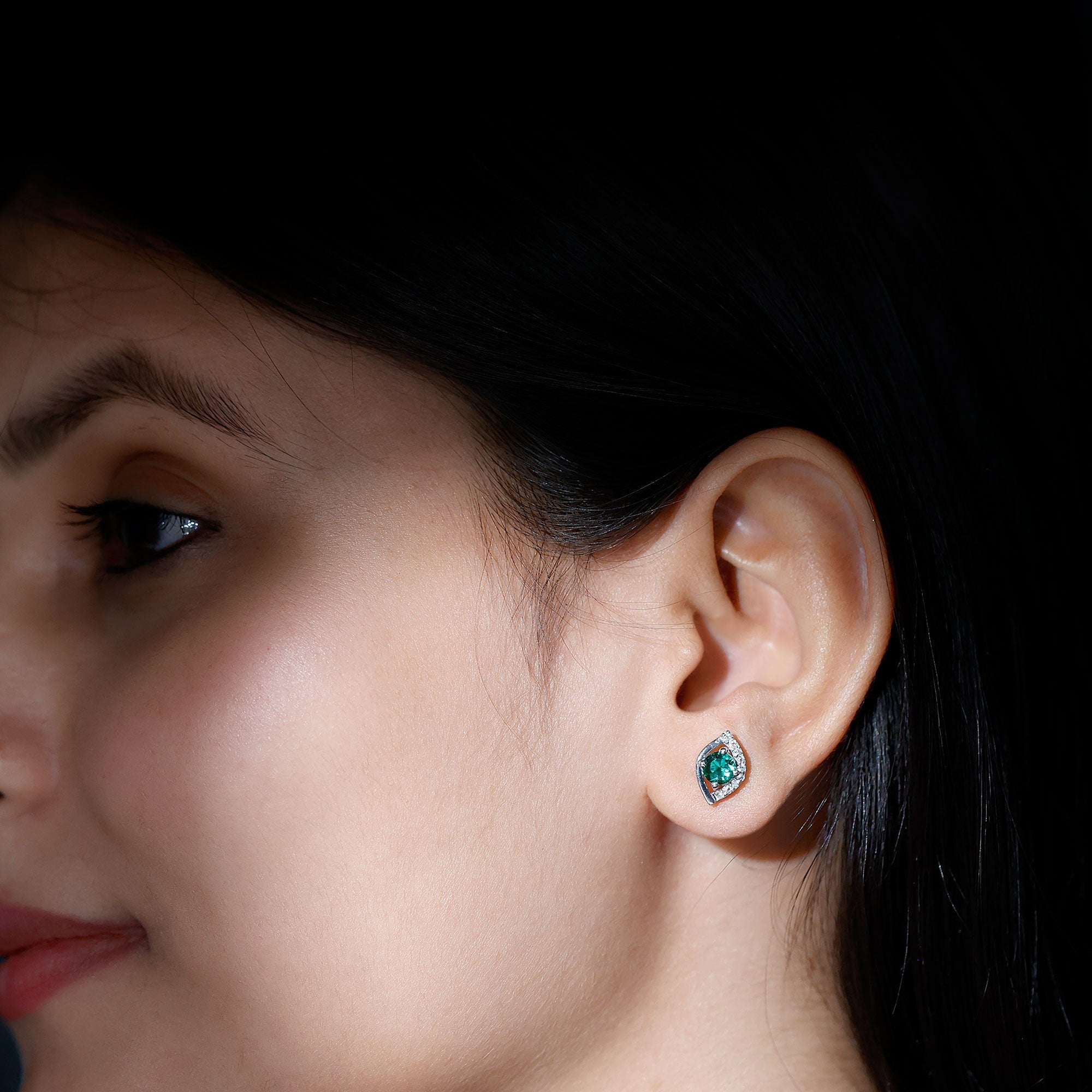 Lab Created Emerald Designer Stud Earrings with Moissanite