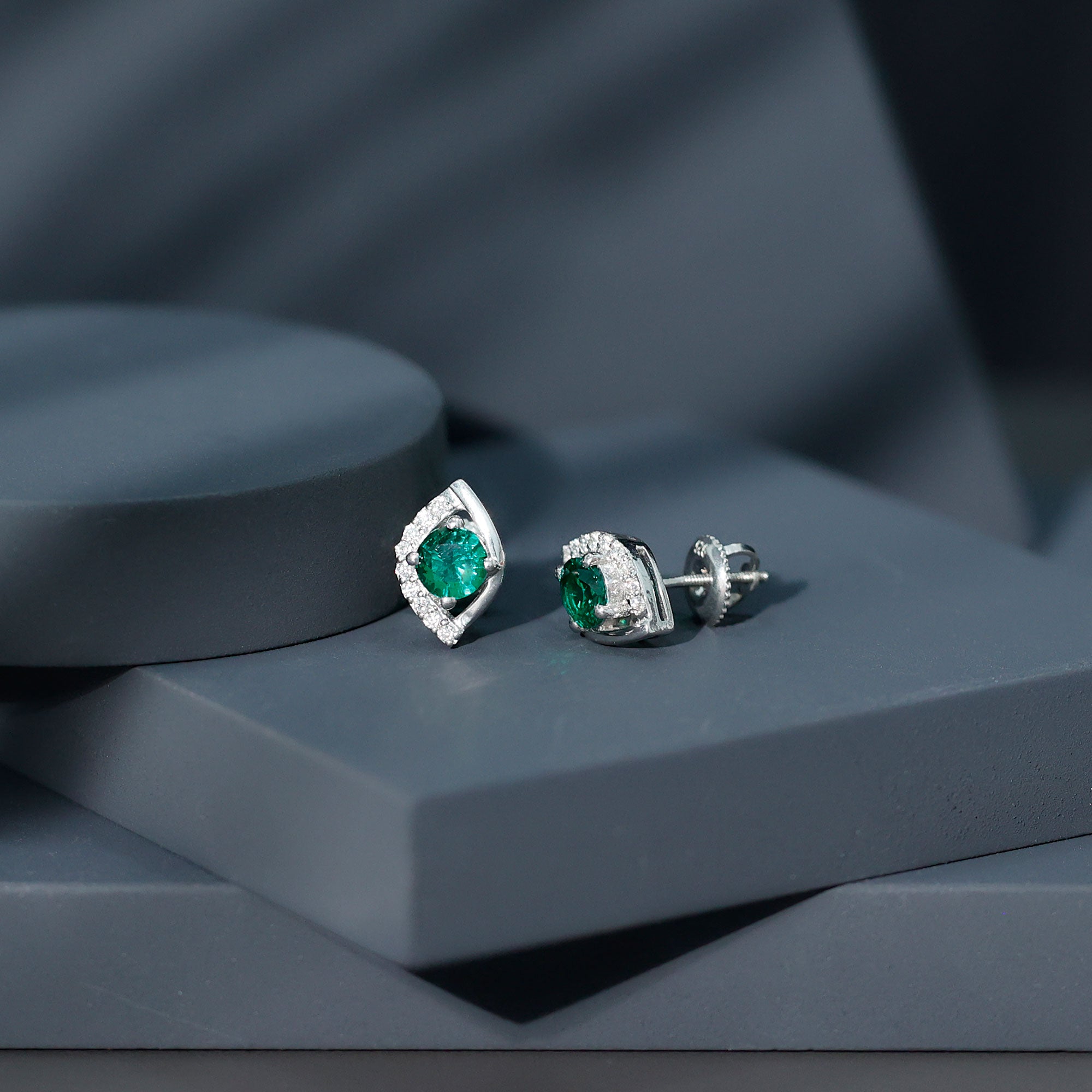 Lab Created Emerald Designer Stud Earrings with Moissanite