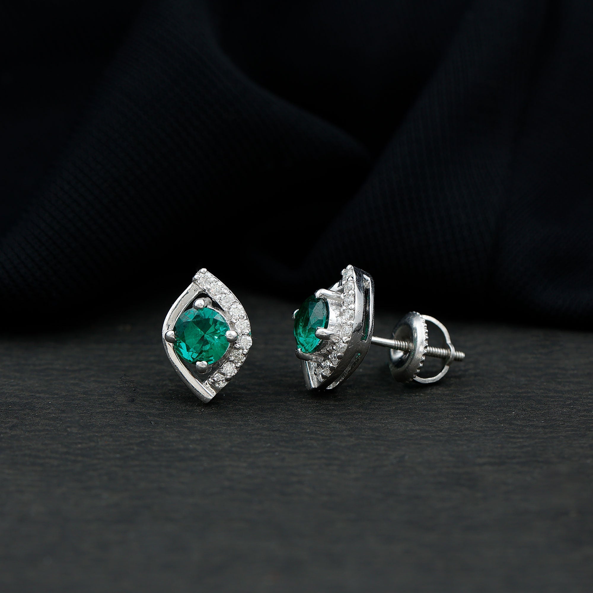 Lab Created Emerald Designer Stud Earrings with Moissanite