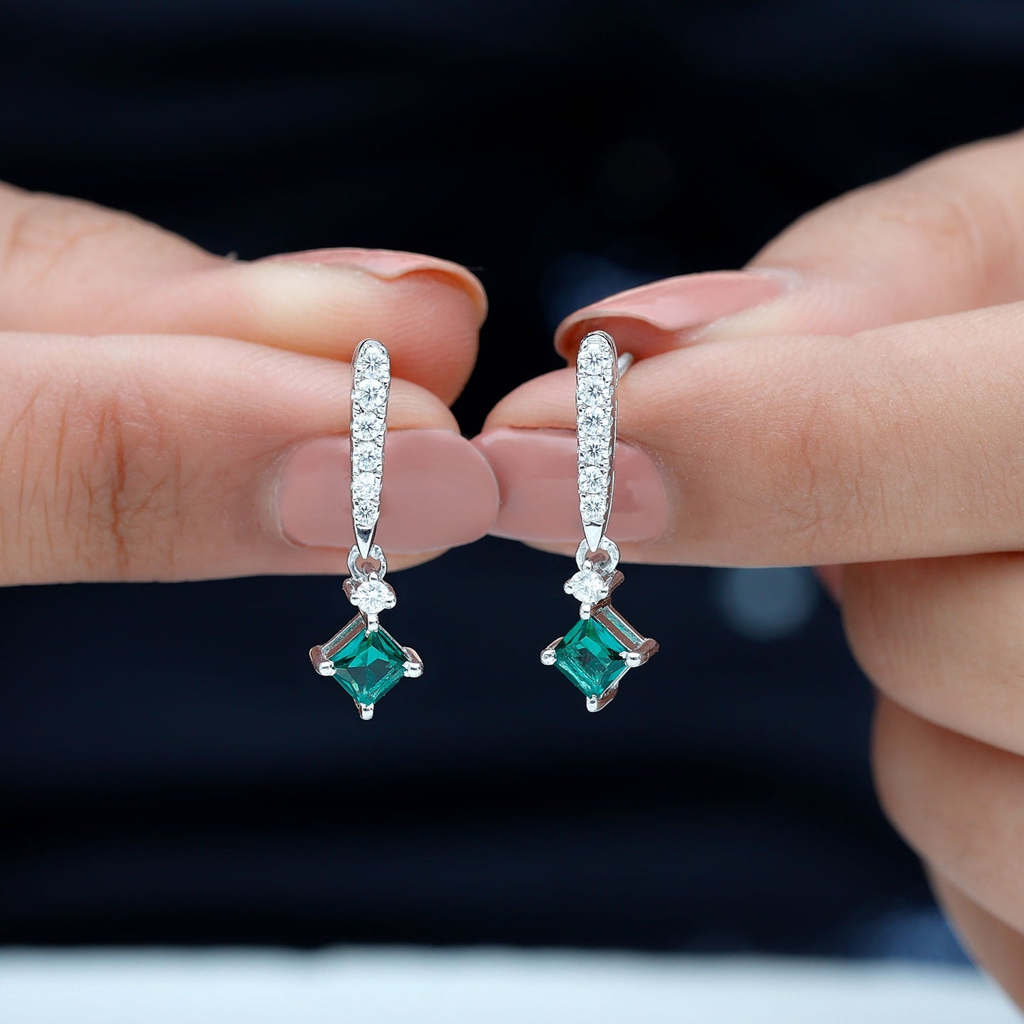 Princess Cut Lab Created Emerald Bridal Earrings