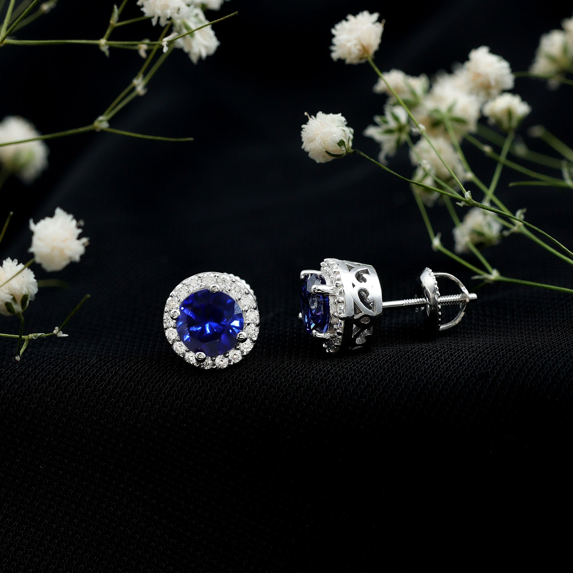 6 MM Round Cut Lab Grown Blue Sapphire Stud Earrings With Moissanite