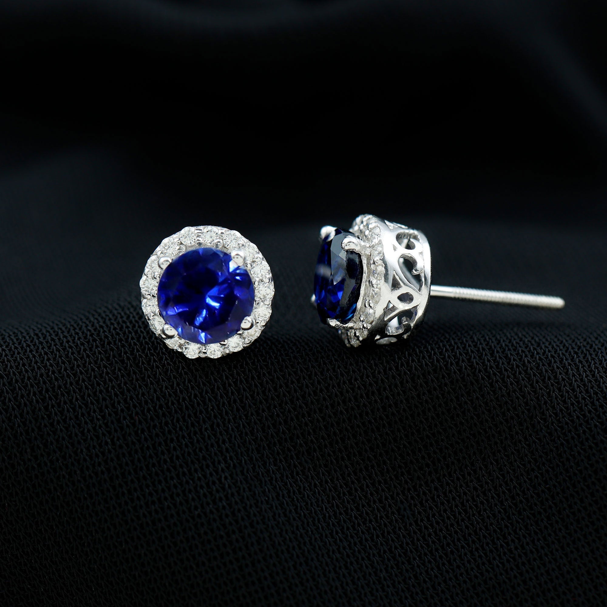 6 MM Round Cut Lab Grown Blue Sapphire Stud Earrings With Moissanite